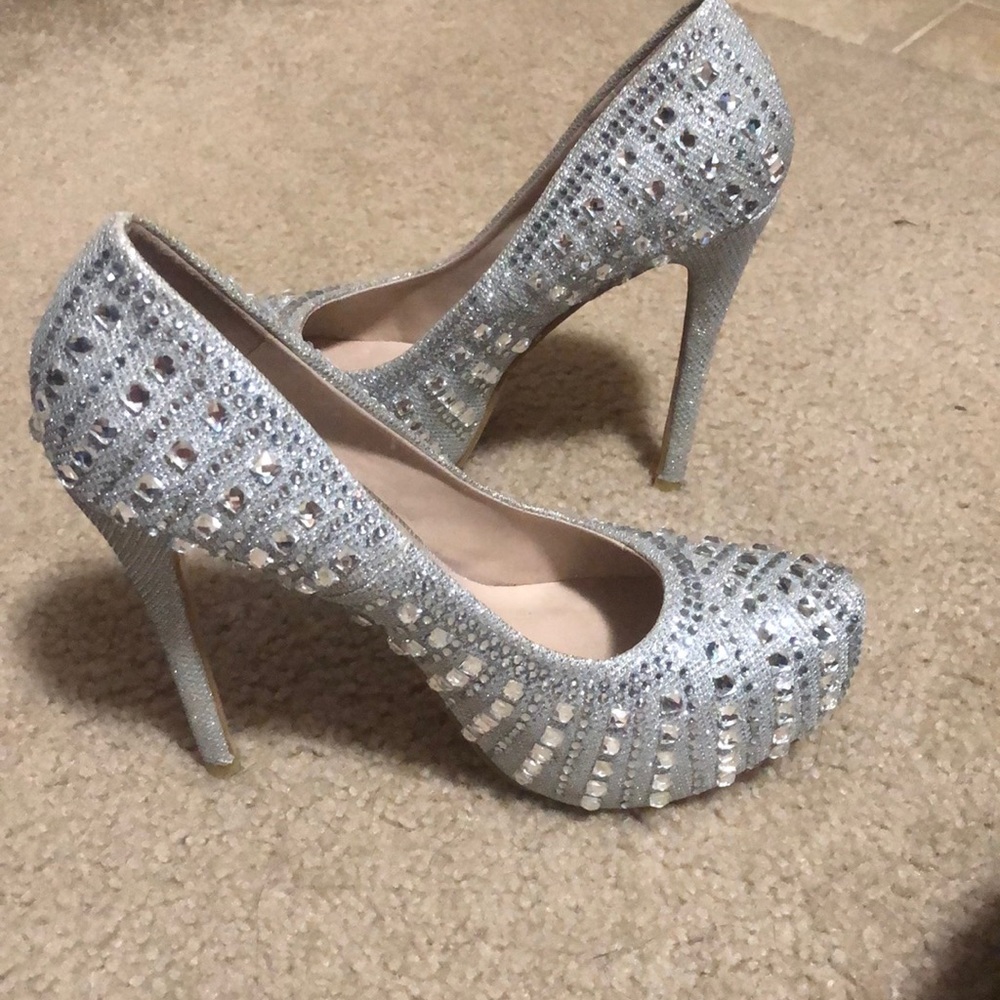 Silver rhinestone gemstone heels 4 3/4 inches